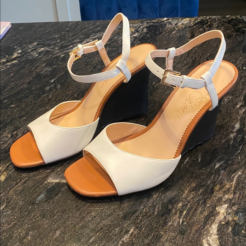 J. Crew White, Tan, and Black Wedge Leather Sandals